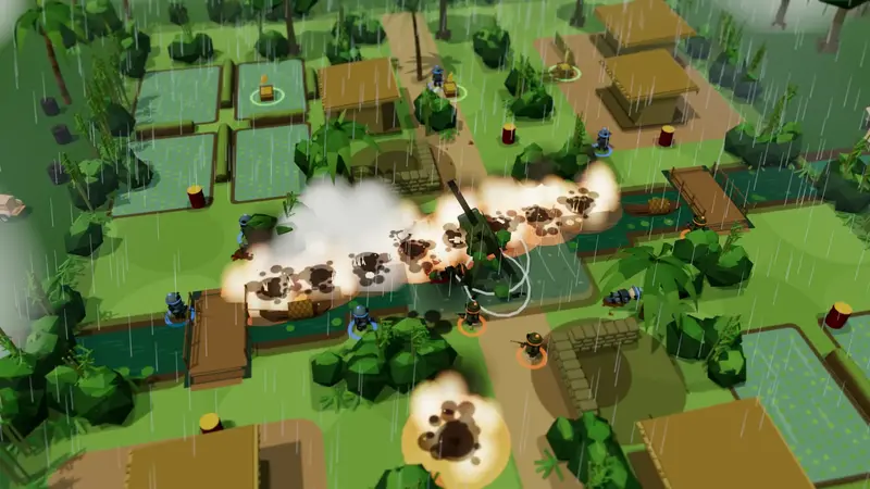 An airstrike: a napalm run burns across flooded rice paddies