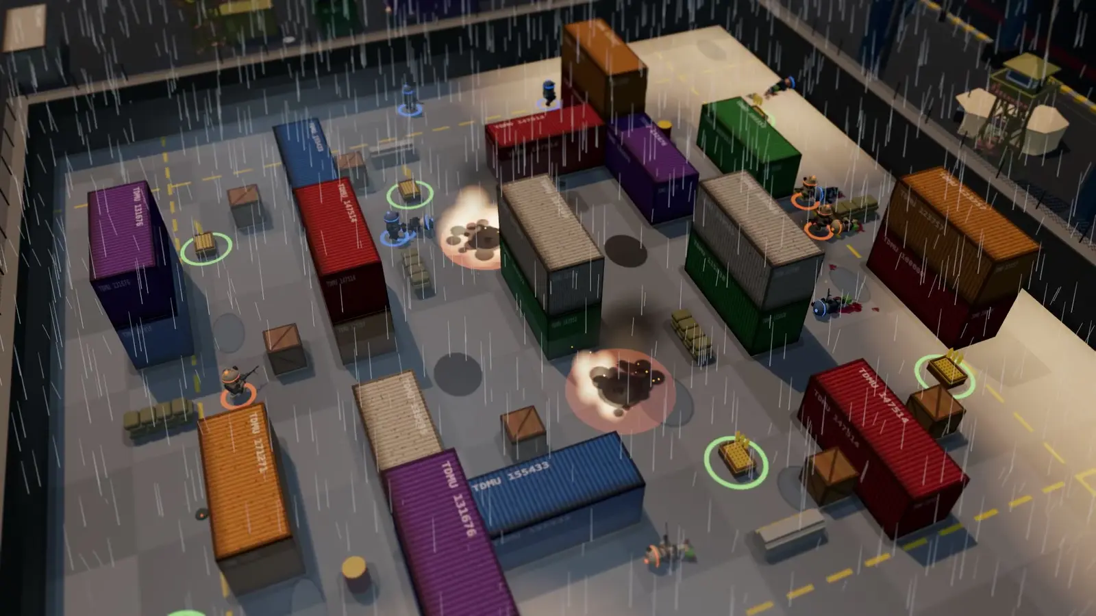 Tiny Death Match: tiny soldiers fight between shipping containers in a container port, in the rain