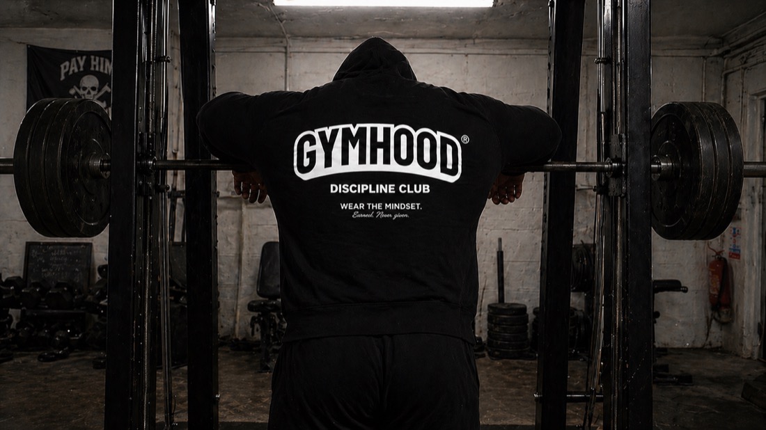 GYMHOOD graphic gym hoodie, worn in the gym