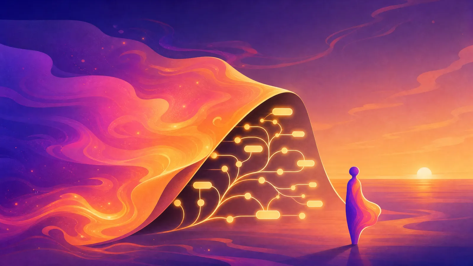 A softly glowing website-like pane of flowing violet-to-amber ink in the foreground, its pretty surface peeling back to reveal a clean luminous branching tree of connected labelled nodes beneath, the hidden structure an AI reads, a small geometric ink form studying it, a low coastal dusk behind