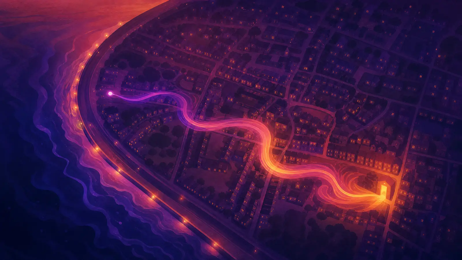 An overhead night map of a coastal town with the curve of the Cleveleys sea wall along one edge, a single bright point of gradient ink travelling the streets and leaving a glowing trail to one lit doorway