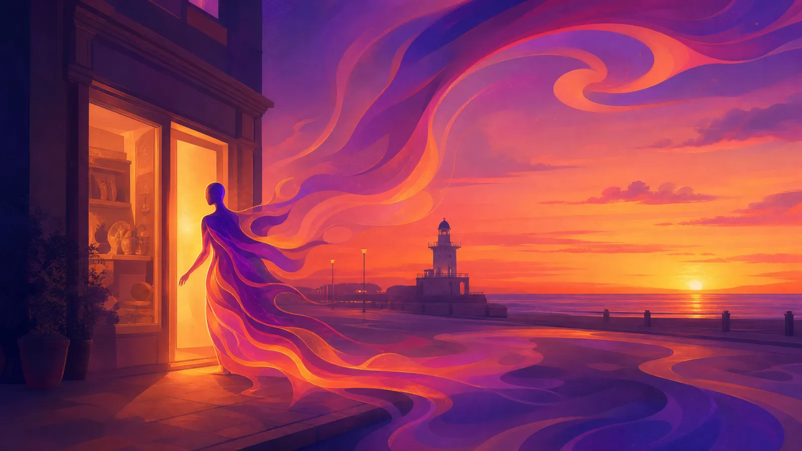 A warm glowing shop doorway on a quiet coastal street at dusk with ink-light spilling out, approached not by a person but by a sleek figure formed entirely of flowing violet-to-amber ink with a faint non-human geometric poise, the Pharos lighthouse of Fleetwood a distant silhouette against the sunset