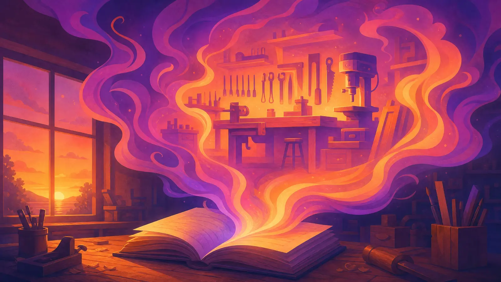 A well-thumbed notebook open on a workshop bench at golden hour, ribbons of glowing gradient ink lifting from its pages into the faint shape of the workshop above it