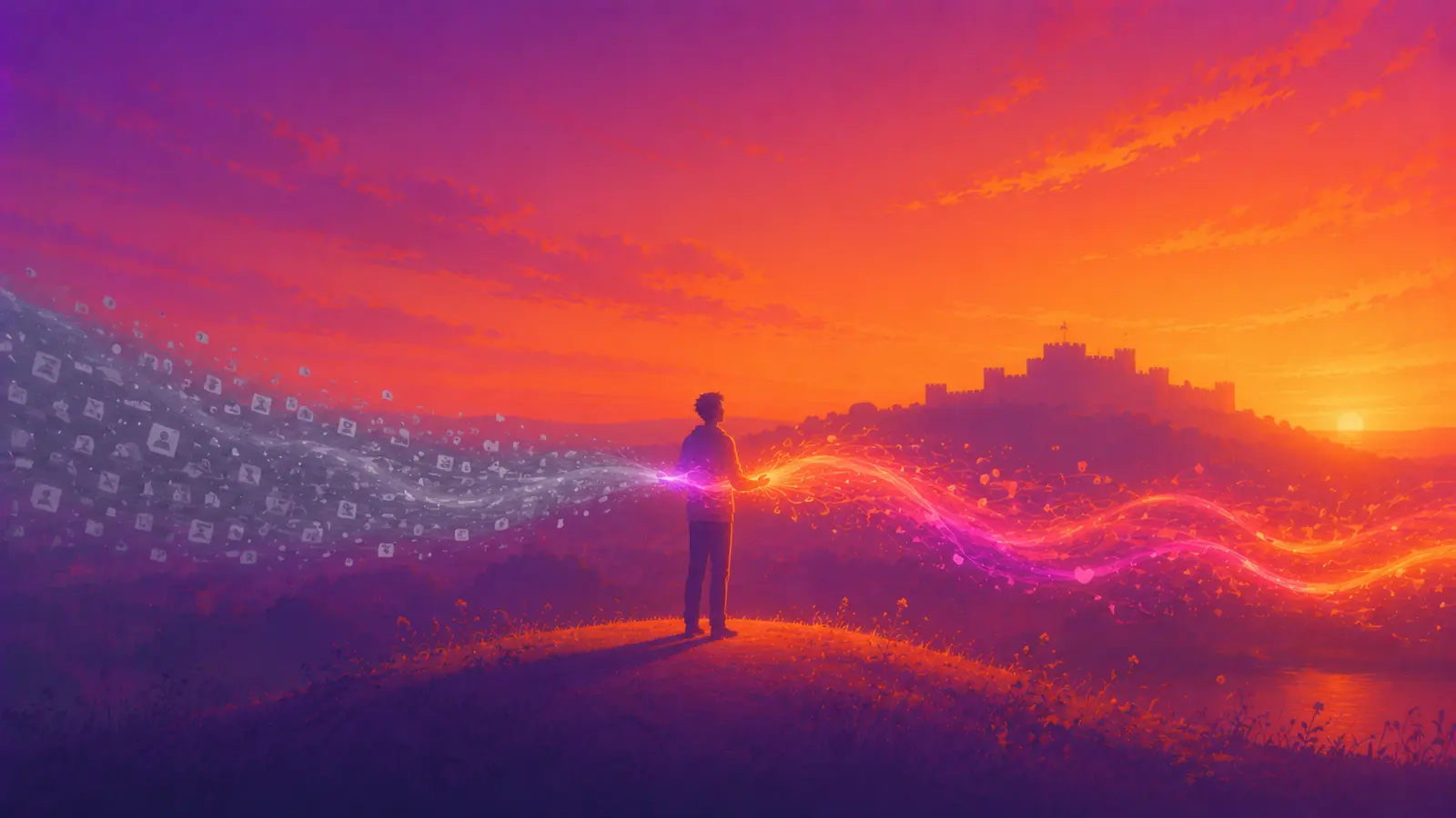 A figure on a hillside at sunset turns a cold grey stream of identical, uniform icons into a warm, characterful flow of pink-and-gold ink as it passes through their hands, Lancaster Castle a distant silhouette above the river Lune