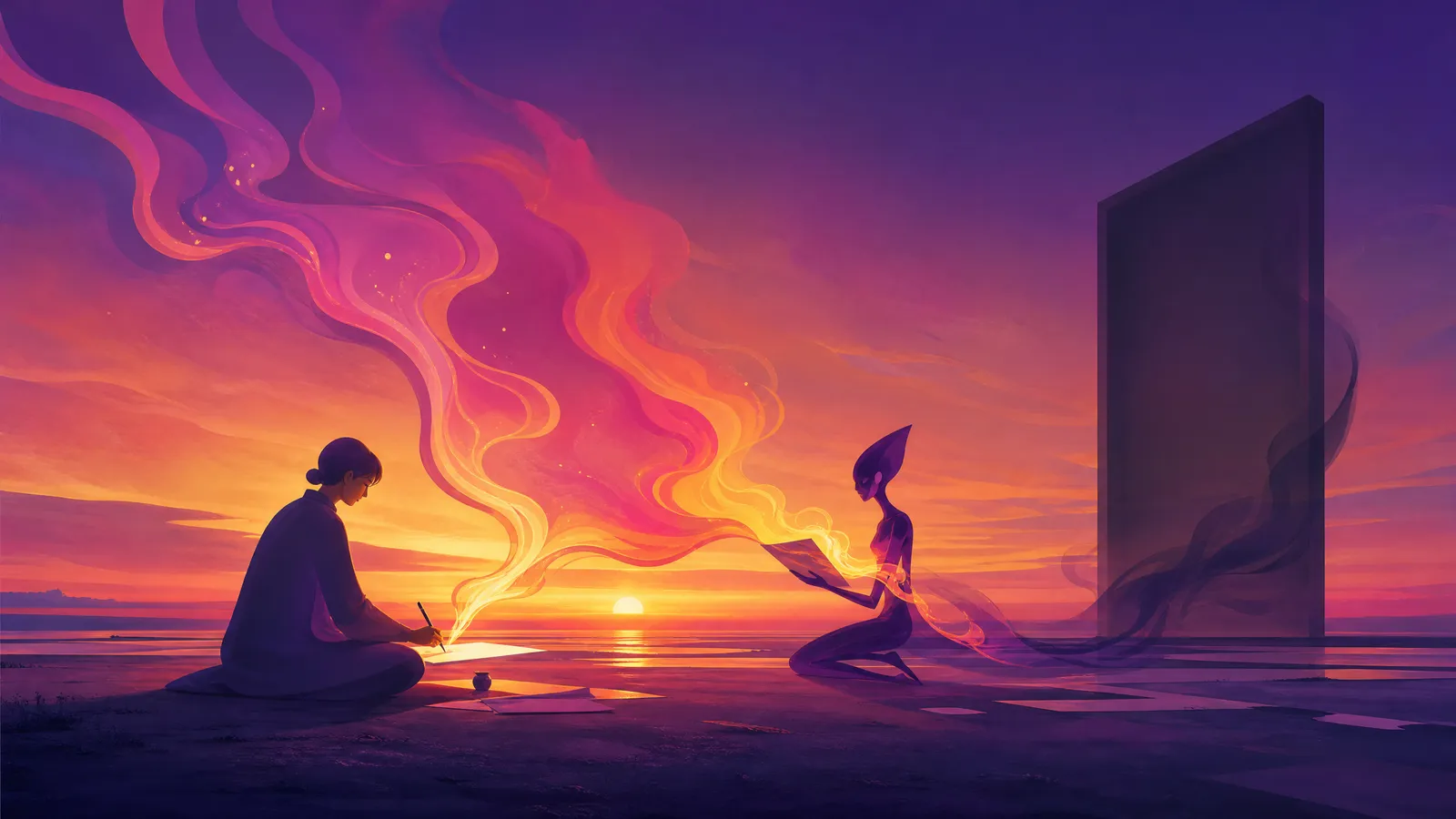 A stylised flat figure finishing a piece of work with quiet care, the warmth of it rising as ribbons of glowing violet-to-amber ink that a small sleek geometric ink form gathers up and reads, the good work finally becoming visible, while beside them a tall hollow billboard shape of dim empty ink fades back into the dark, over a low Fylde coastal horizon at dusk