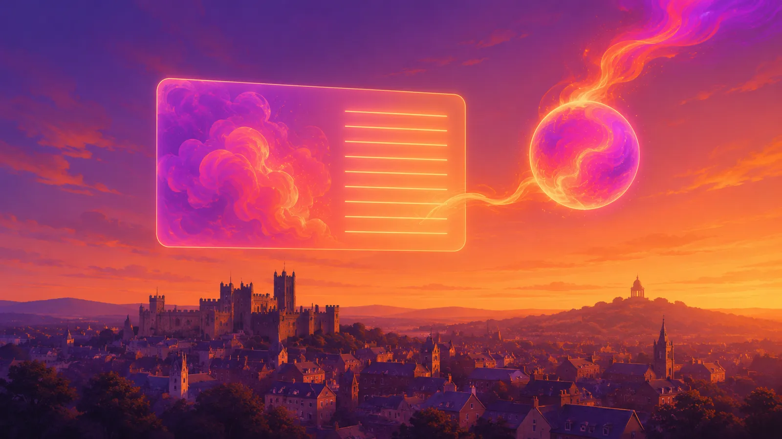 A glowing business-profile panel floating over a historic inland city at golden hour, a woolly cloud of ink on one side resolving into clean even lines of light on the other, a softly glowing orb of gradient ink beside it drawing a thread of light from the panel, a castle and a domed hilltop memorial in silhouette below
