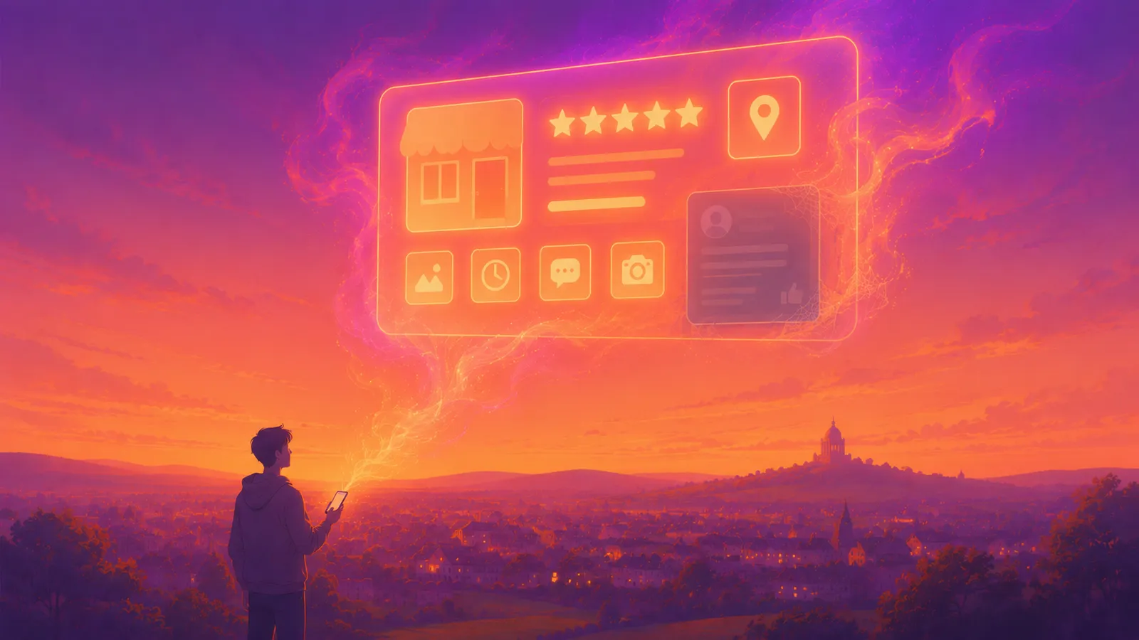 A figure holding a phone on an inland hillside at golden hour, a large glowing Google business listing rising from the phone like a shop window showing bright review stars, a map pin and profile icons, with one dim cobwebbed grey social-feed card sitting dormant among them, a town and a domed hilltop memorial in silhouette below