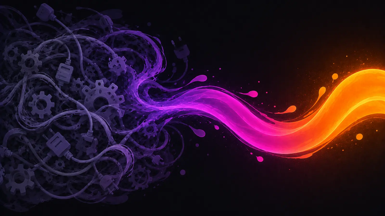 A tangled, dim knot of grey-violet cables, plugs and cogs on the left - the plugin treadmill - untangling into a single clean, bright ribbon of glowing violet-to-amber ink flowing free to the right, against a dark field