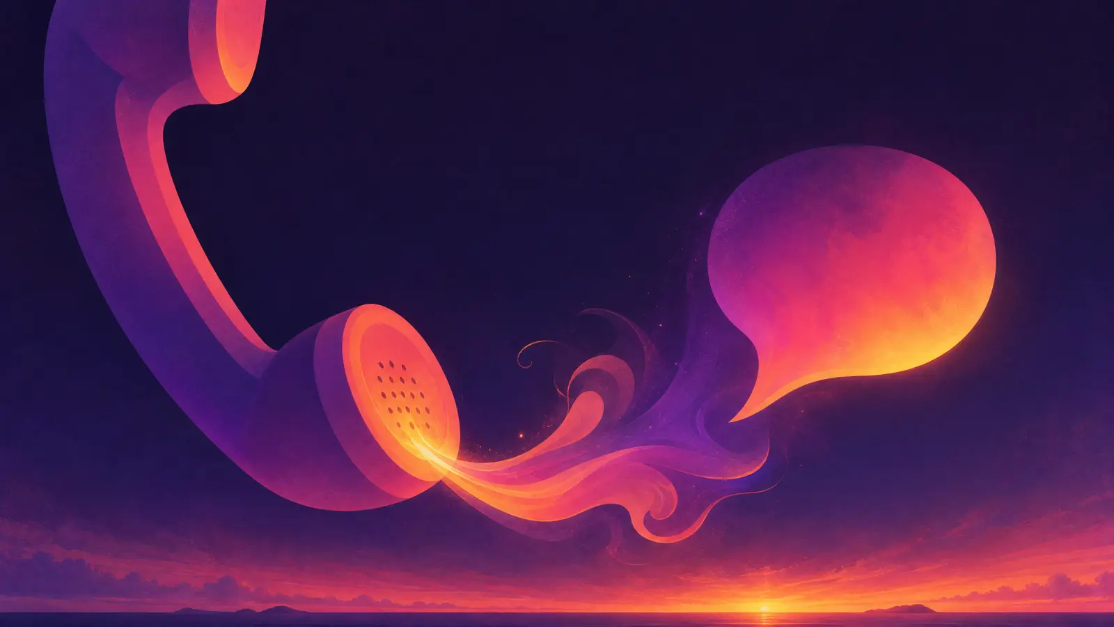 A flat-shape telephone handset on a dark ground, a single ribbon of glowing gradient ink flowing from its mouthpiece into a simple speech-bubble shape, a faint sunset line along the bottom