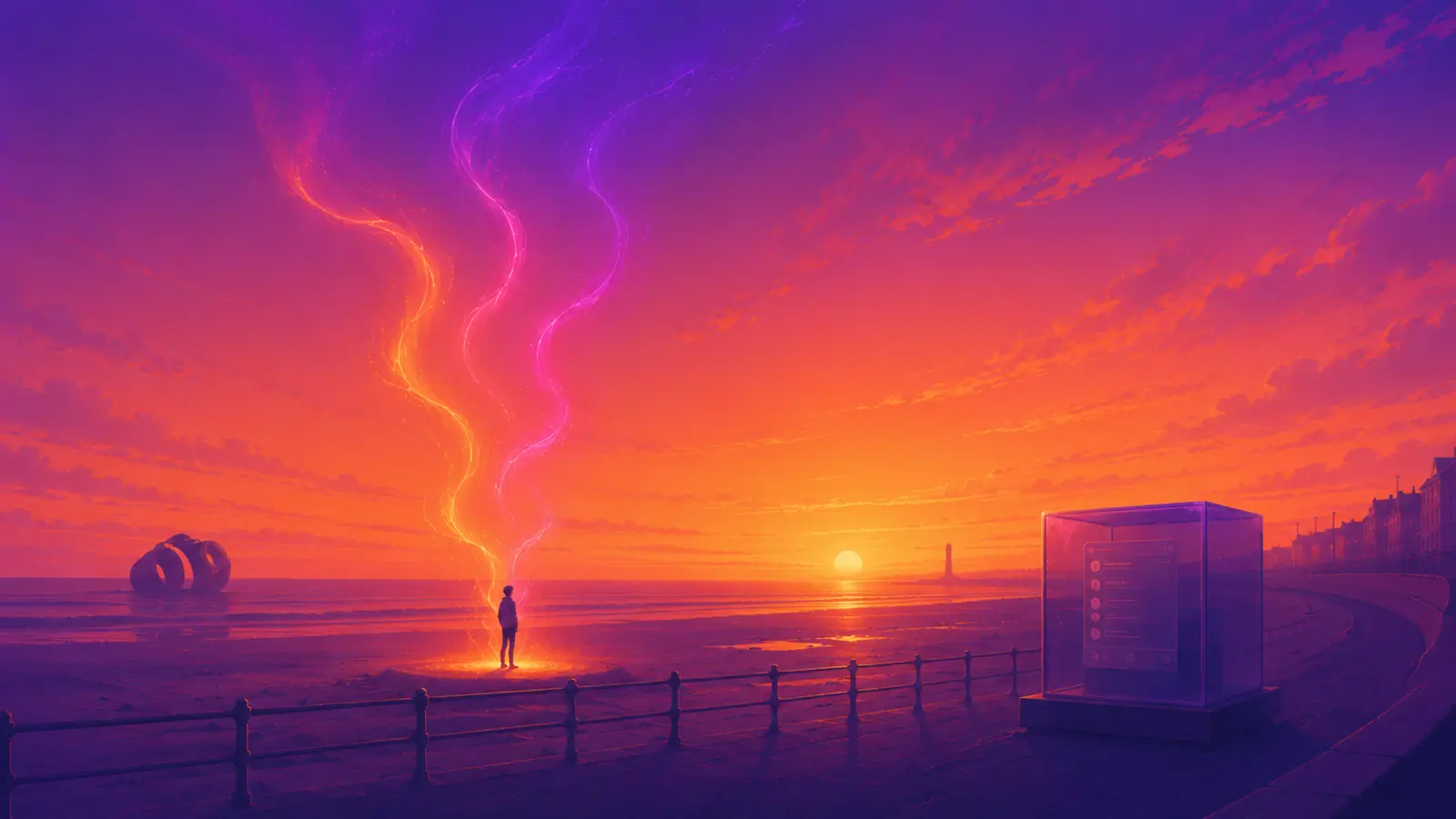 A figure stands on Cleveleys sand at sunset with ribbons of glowing violet-to-amber ink flowing freely up from them, while a social feed sits sealed inside a glass display case on the promenade nearby, Mary's Shell sculpture and a distant lighthouse in silhouette over the Irish Sea