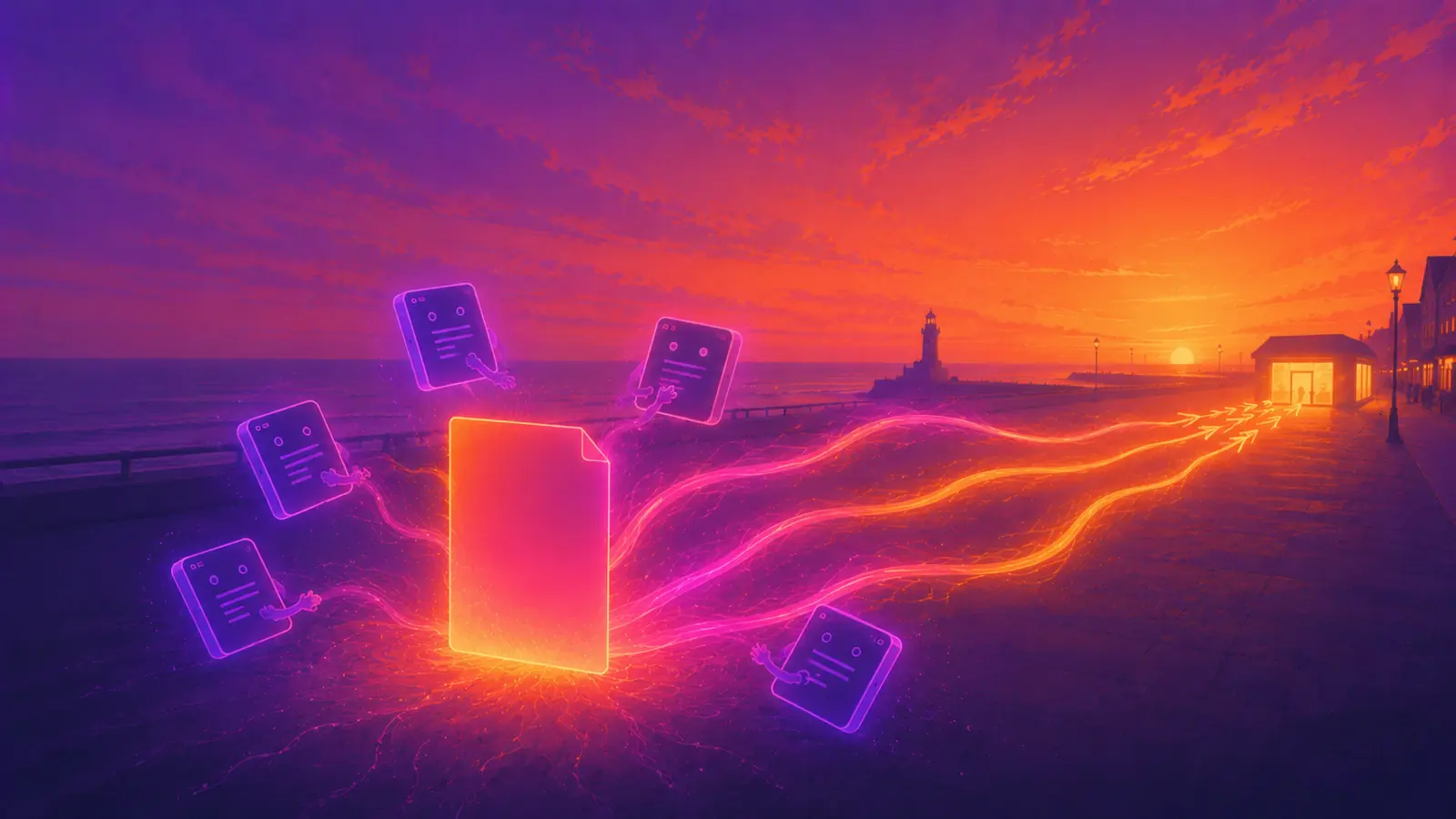 A single glowing page of ink stands on the Fleetwood promenade at sunset, small friendly AI note-characters reading it, warm ink arrows flowing from it toward a lit building in the distance, the Lower Lighthouse a silhouette over the Irish Sea