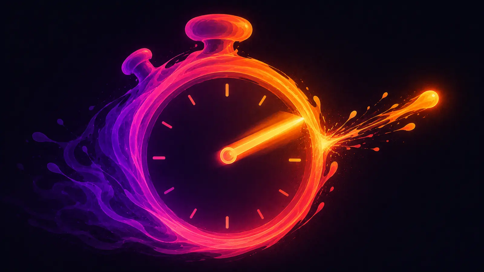 A stopwatch formed from glowing violet-to-amber liquid ink, its bright sweep-hand a fast blur firing off to the right in a burst of light, a clean dial with simple tick-marks and no numbers, against a dark field - speed and fast response