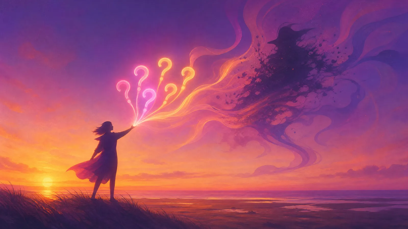 A figure holding up five small bright glowing question-marks of violet-to-amber ink like a set of keys toward an indistinct, evasive shape that is dissolving under the scrutiny, a low Fylde horizon at sunset behind