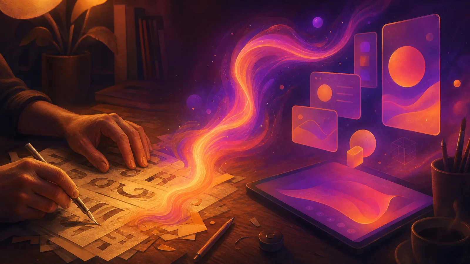 A designer's desk at dusk - one hand steadying a sheet of dry-transfer lettering while the other cuts with a scalpel, and a ribbon of glowing violet-to-amber ink lifting off the letterforms and flowing across the desk into modern glowing screen panels and a drawing tablet