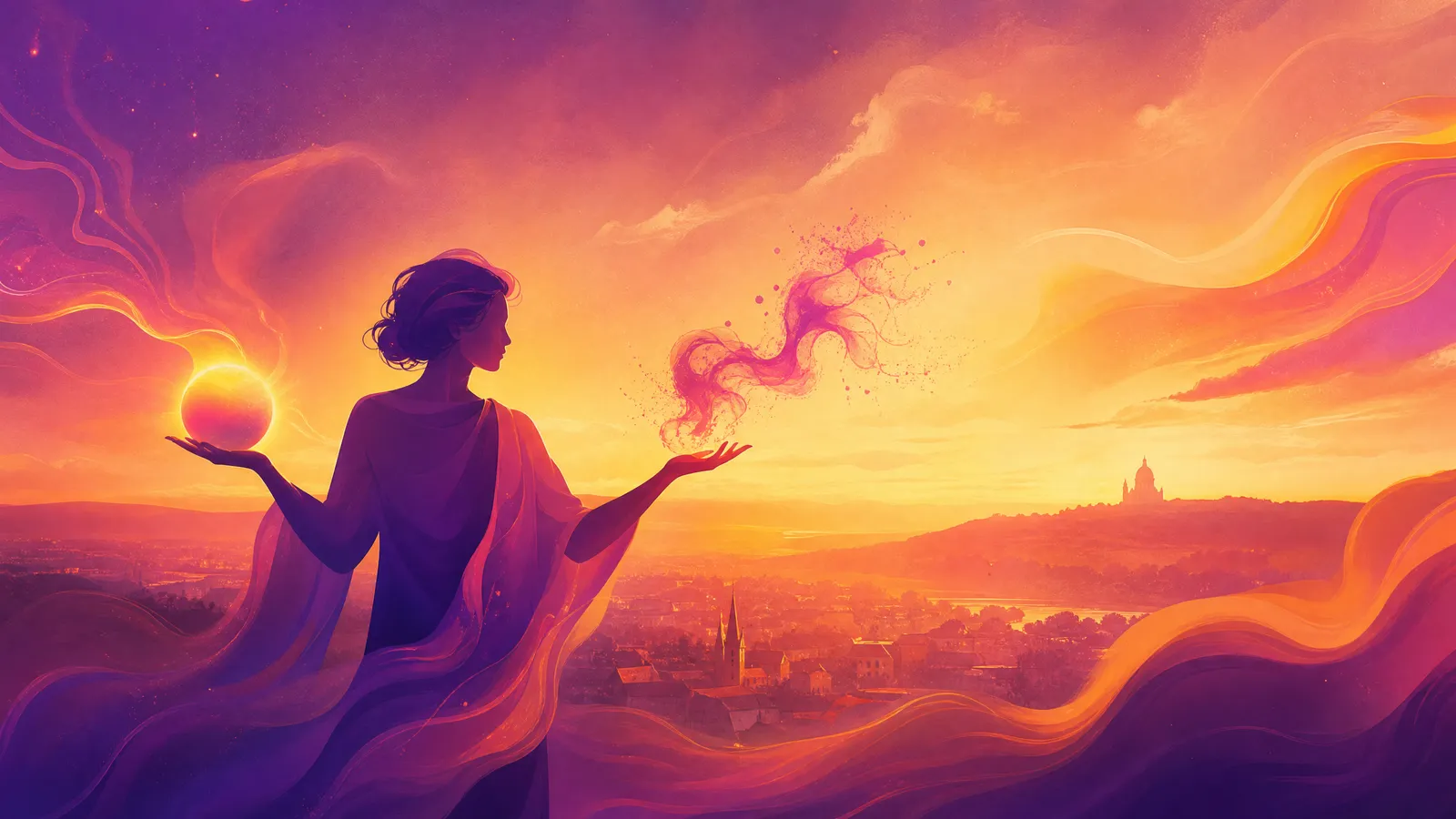 A flat stylised figure weighing two things in their open palms - one a small solid densely glowing sphere of violet-to-amber ink, the other a hollow puff of ink-smoke dispersing into nothing - the domed Ashton Memorial a distant silhouette on the Lancaster skyline at golden hour