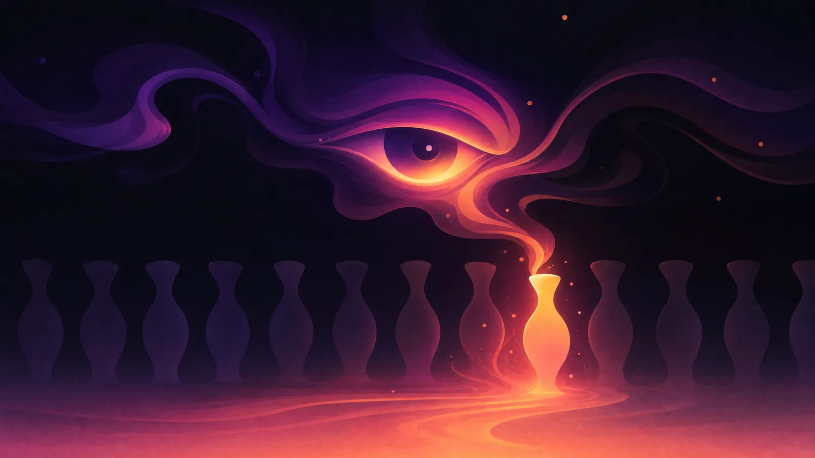 A single discerning glowing eye of gradient ink looking straight past a row of dim, hollow, identical template shapes to settle warmly on one solid, genuine, densely glowing form among them, judging the pattern rather than how it was made, over a deep charcoal field warming to a low sunset glow