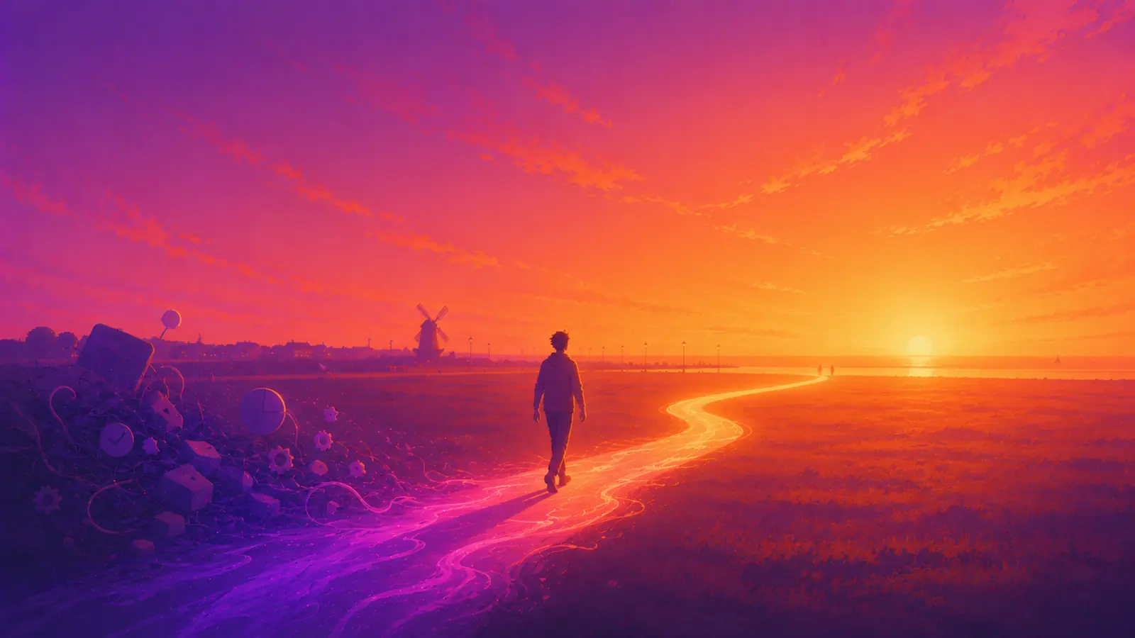 A figure walks a clear, bright ink path toward the sunset while a pile of unnecessary gadgets, gears and tangled cords falls away into shadow behind them, the white Lytham windmill a distant silhouette on the flat coast