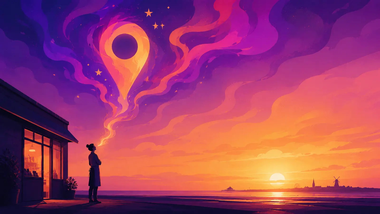 A shopkeeper outside their small Fylde Coast shop at dusk, looking up at a glowing map pin formed from ribbons of gradient ink, the Lytham skyline in silhouette on the horizon