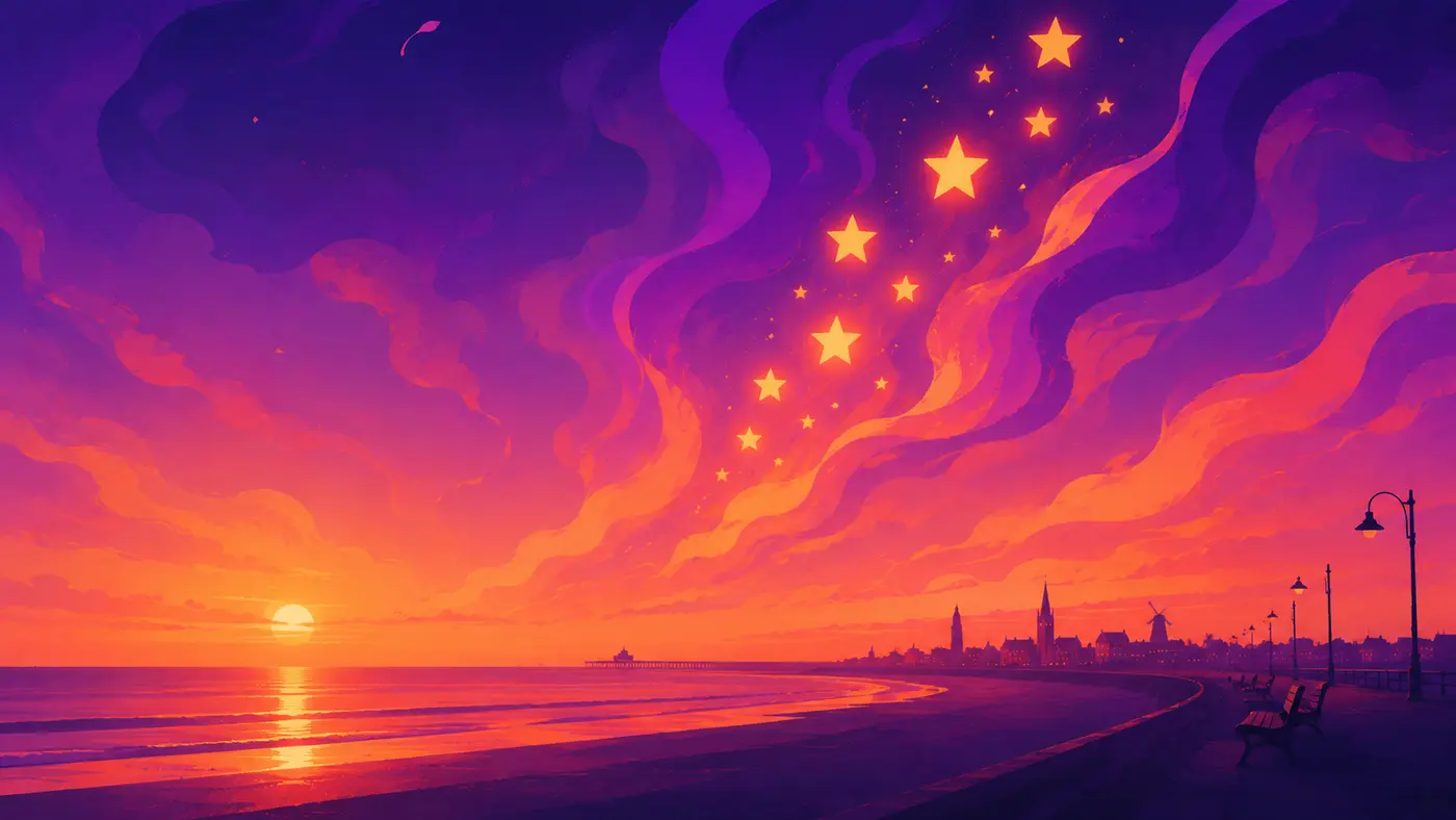 Golden review stars drifting up as ink-light over a Fylde Coast promenade at sunset