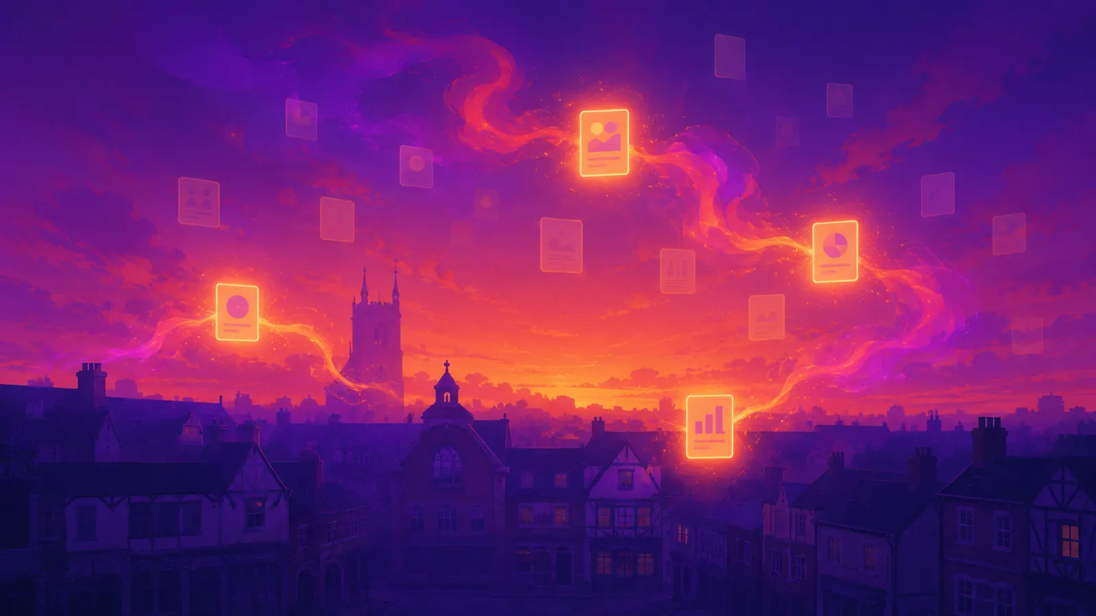 A cluster of faint floating cards over Poulton-le-Fylde market square at dusk, a few haloed and lit bright in warm ink-light with a ribbon of ink linking them, St Chad's church tower in silhouette behind