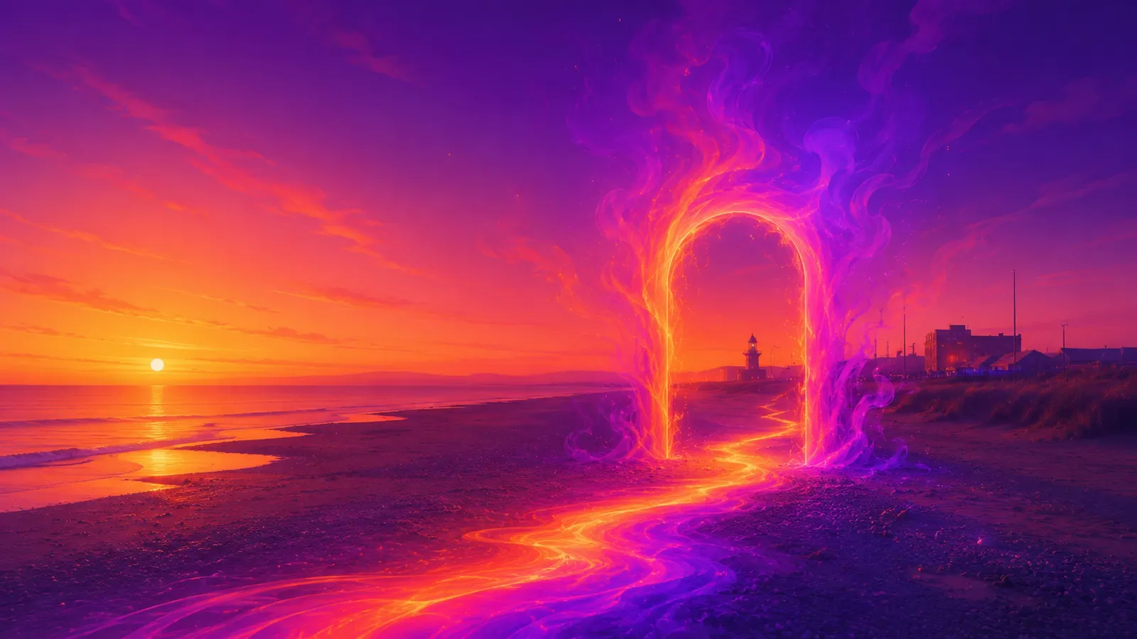 A glowing archway of swirling gradient ink on the sand at Fleetwood at dusk, a single ribbon of ink passing through it and glowing brighter on the far side, a Fleetwood lighthouse in silhouette beyond on the front