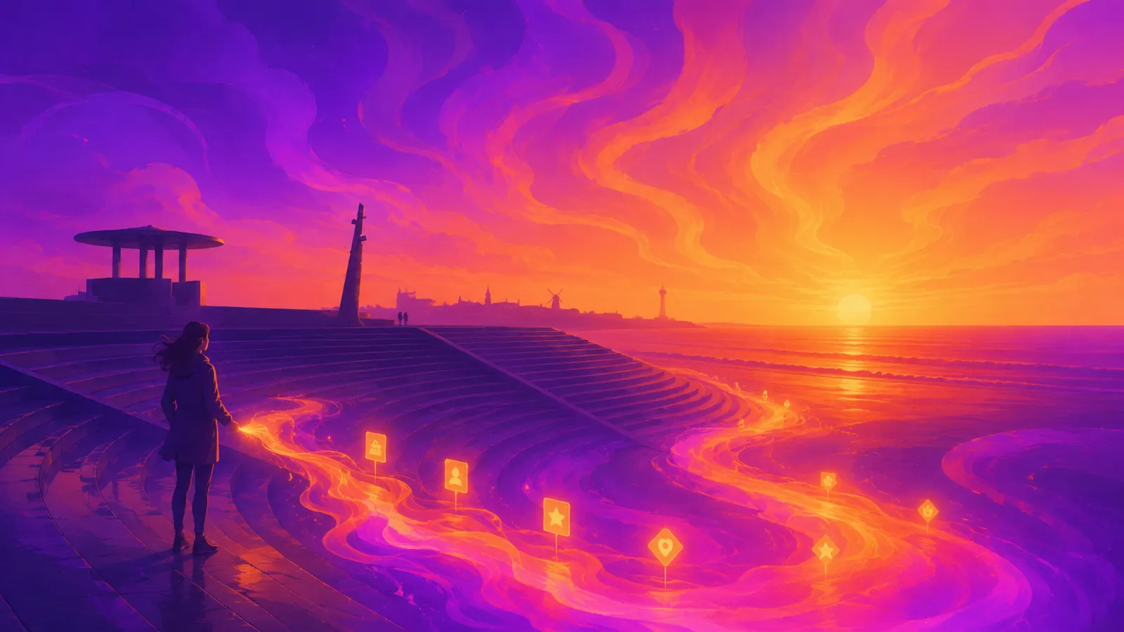 A figure on the curved sea-wall steps of Cleveleys promenade at sunset, a ribbon of glowing gradient ink unspooling from their hand across the prom like a measuring tape, small glowing map-pin and star cards floating along its length, a low town skyline in silhouette on the horizon over the Irish Sea