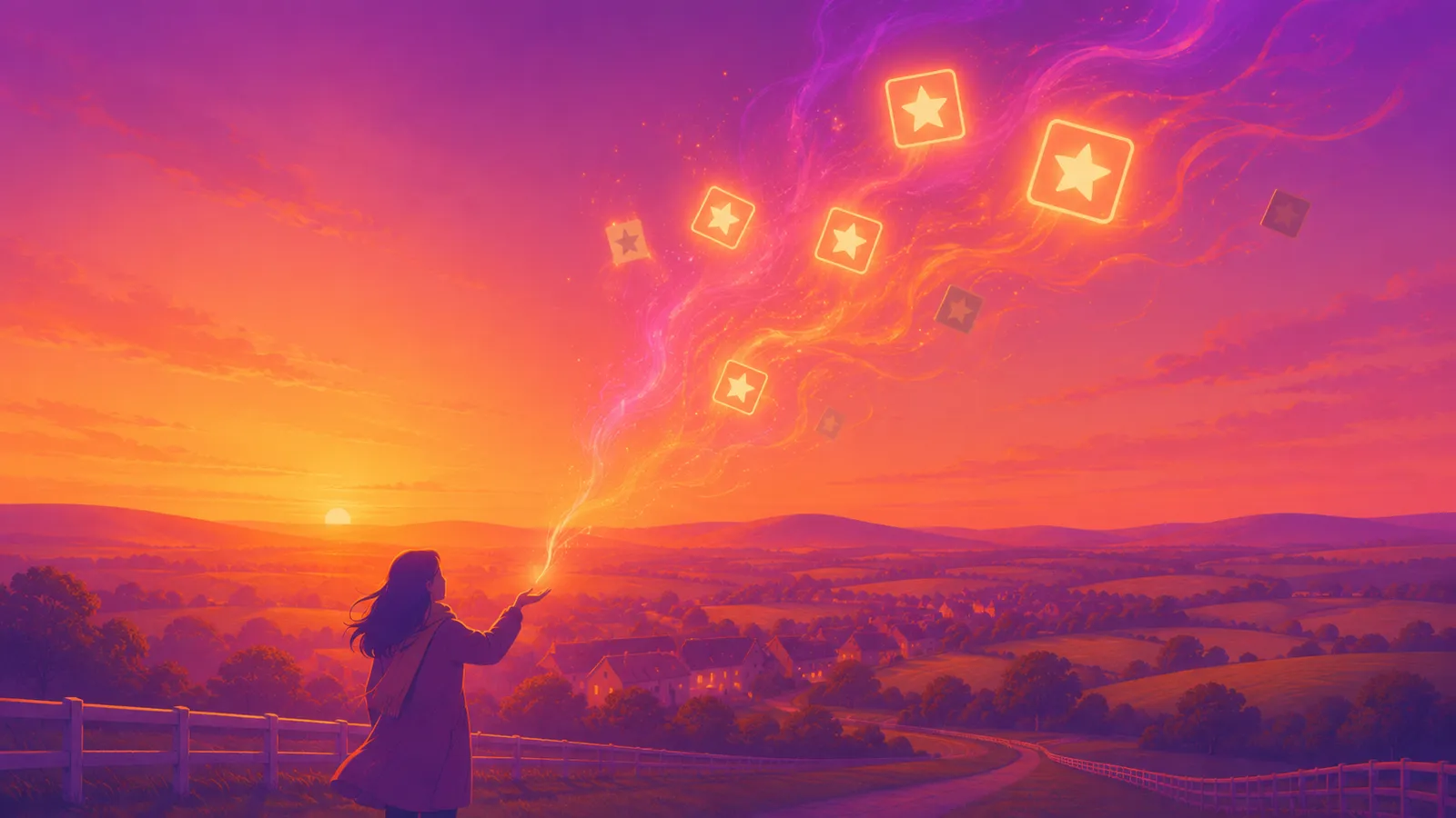 A figure at a fence above a market town wrapped in rolling farmland at sunset, an open hand releasing glowing golden star cards that rise on a ribbon of violet-to-amber ink, the genuine stars lit bright and a few dull grey ones dissolving away