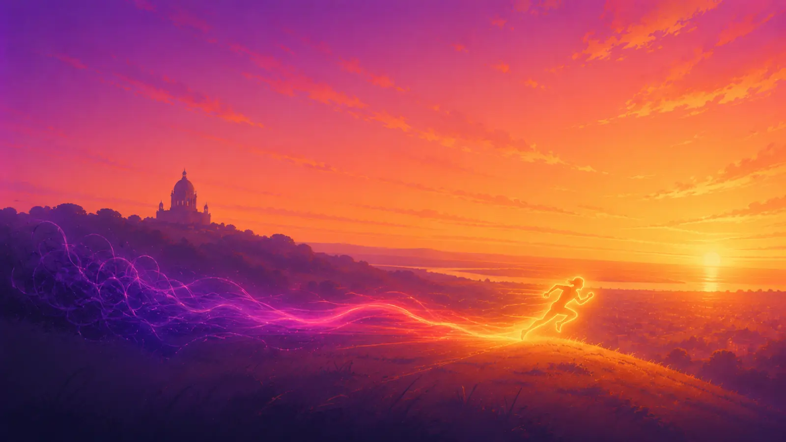 A glowing figure sprints across a hilltop at sunset trailing a fast streak of ink that shifts from a tangled purple knot behind to bright gold ahead, the domed Ashton Memorial a distant silhouette above Lancaster