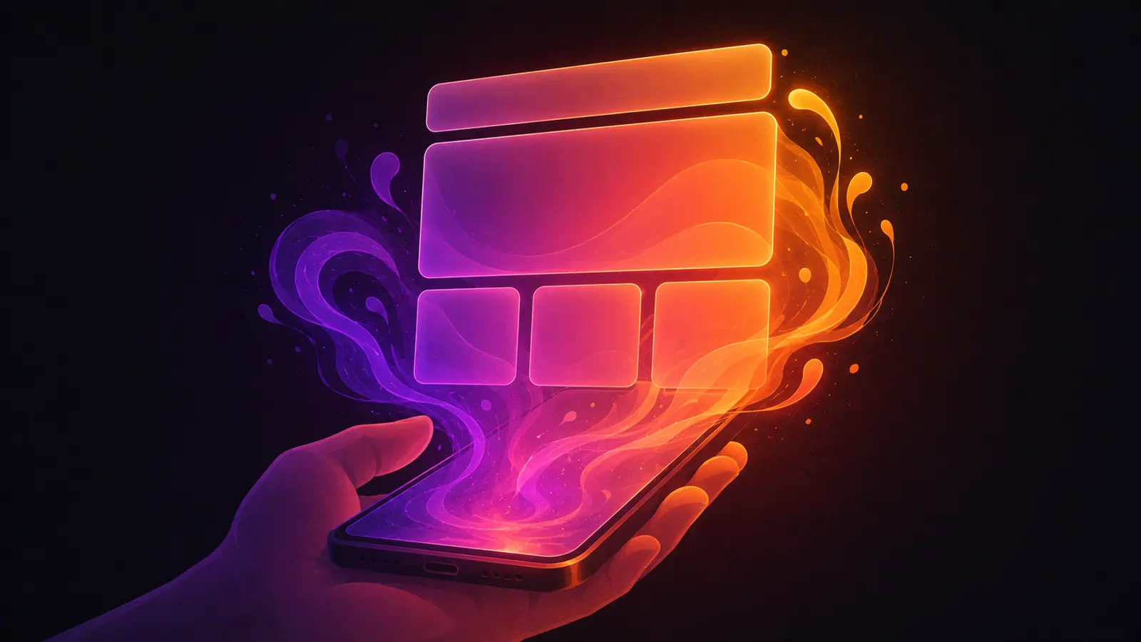 A hand holds a smartphone with ribbons of glowing violet-to-amber ink rising from the screen and forming a clean website layout of translucent frosted-glass panels - a wide header bar, a large hero block and a row of three cards - floating above the phone against a dark field