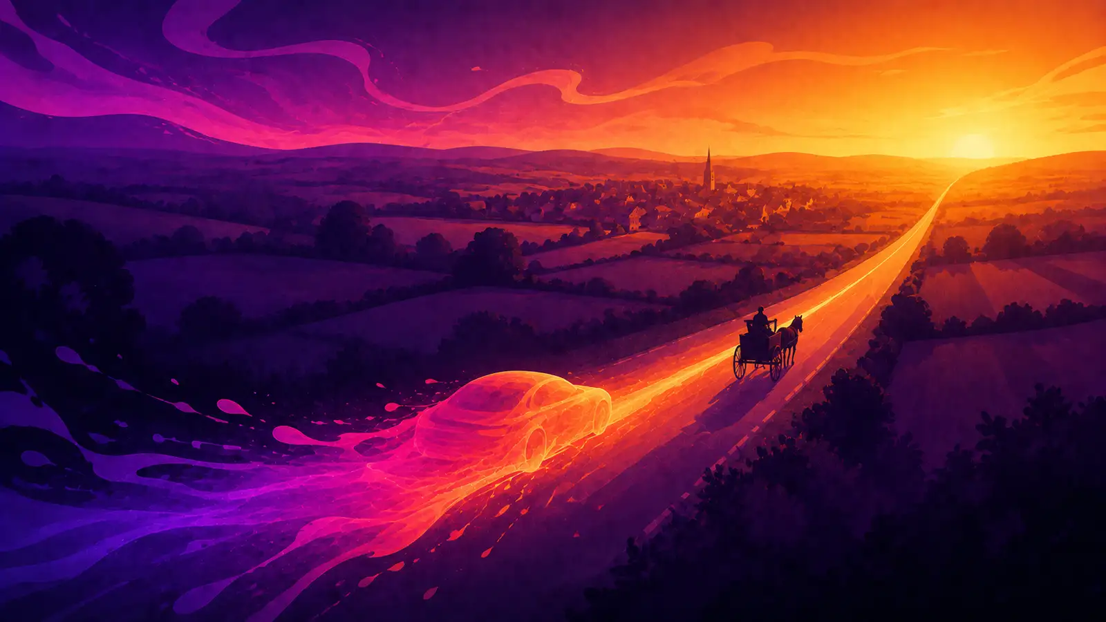 A horse and cart in dark silhouette plodding along a long straight lane between patchwork fields at golden hour, overtaken by a sleek car formed entirely of flowing violet-to-amber liquid ink, a glowing streak of ink light trailing down the lane behind it, a small market town with a church spire nestled among the distant rolling fields under a huge sunset