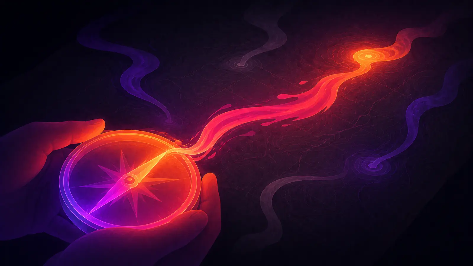 A close view of hands holding a glowing compass over a hand-drawn map, the needle a ribbon of liquid violet-to-amber ink lifting off the dial and curving toward one of four faint inked paths, the other three fading into a deep charcoal field