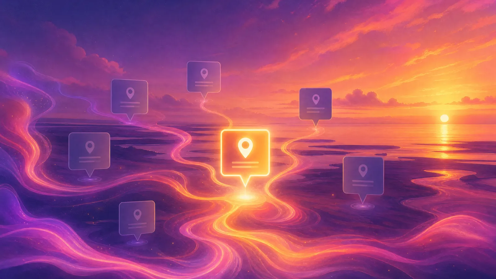 A cluster of small floating AI answer-cards over a Fylde coastal dusk, all turning toward and citing one business-marker lit brighter and haloed in warm violet-to-amber ink-light while the others stay dim, the sun low over the Irish Sea