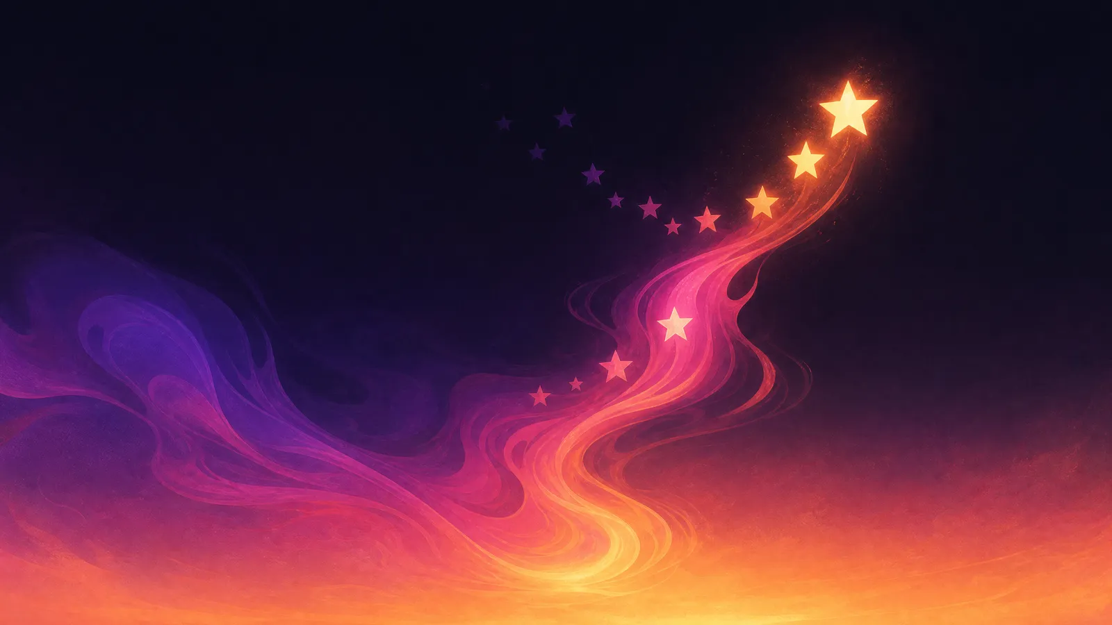 A flowing ribbon of violet-to-amber ink giving off a steady rhythmic stream of small glowing stars that drift upward, the newest bright and crisp at the leading edge and the older ones trailing behind and softly fading, over a deep charcoal field warming to a peach glow along the bottom