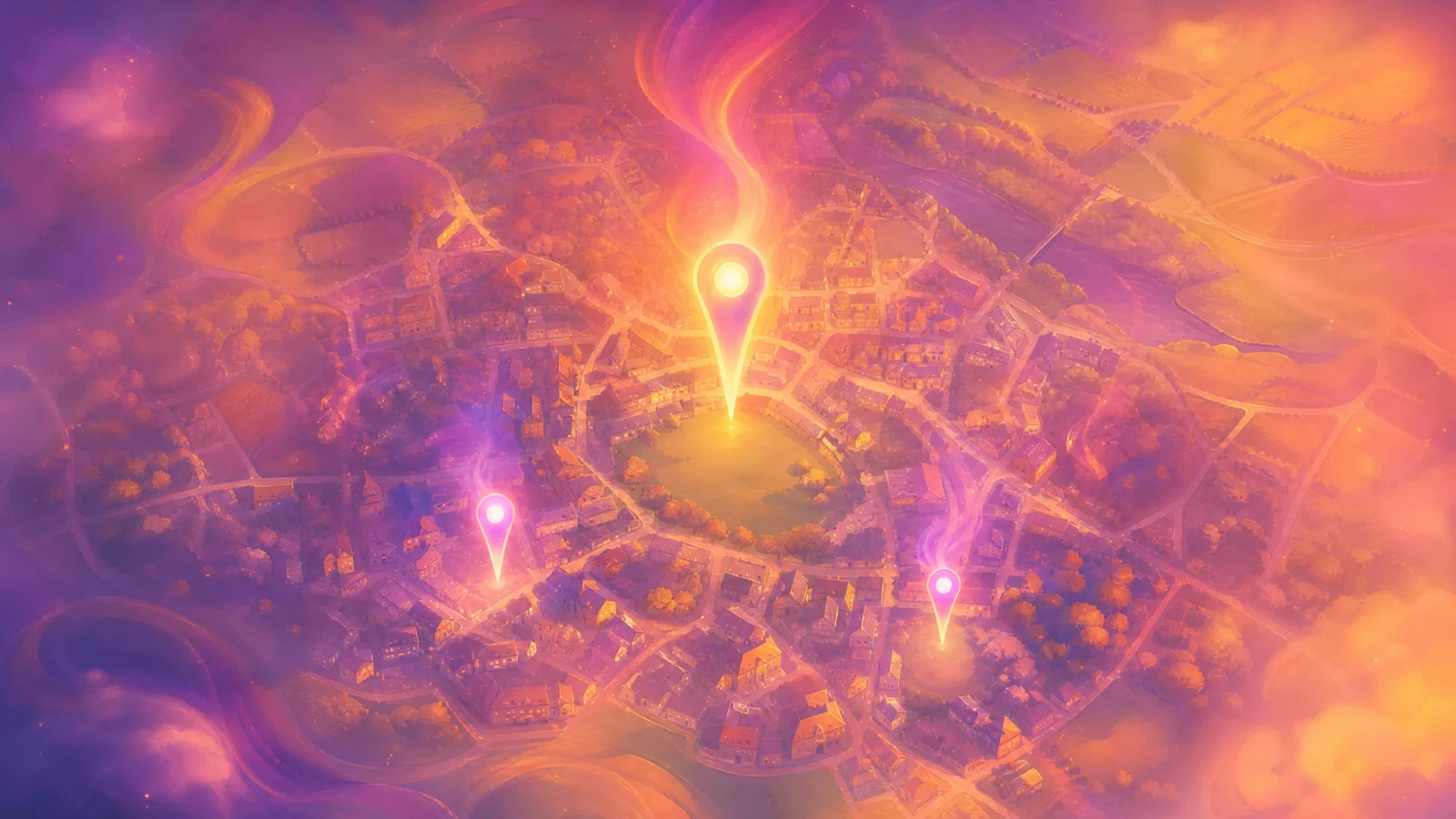 A small town seen from directly overhead at golden hour, streets, rooftops and a green washed in violet and amber, with three glowing ink map-pins rising out of it - one clearly brighter and taller than the other two