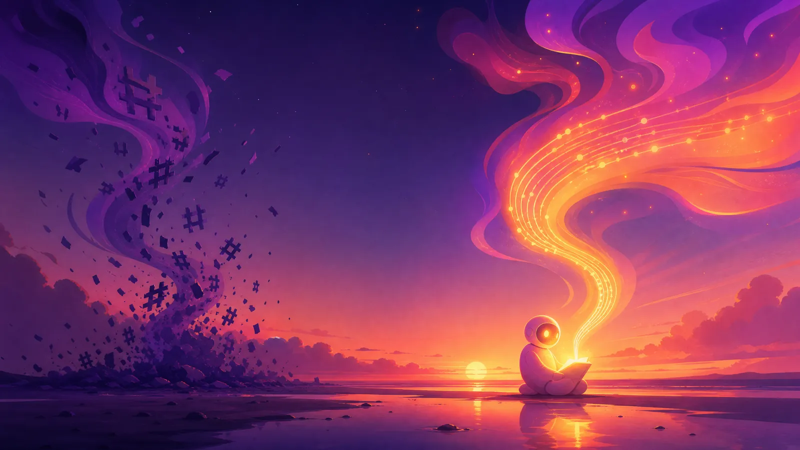 Two social captions rendered in ink over a coastal dusk, one a dim tangled scatter of broken hashtag fragments dispersing into nothing, the other a clear flowing ribbon of plain violet-to-amber words rising bright and being read by a small glowing AI form