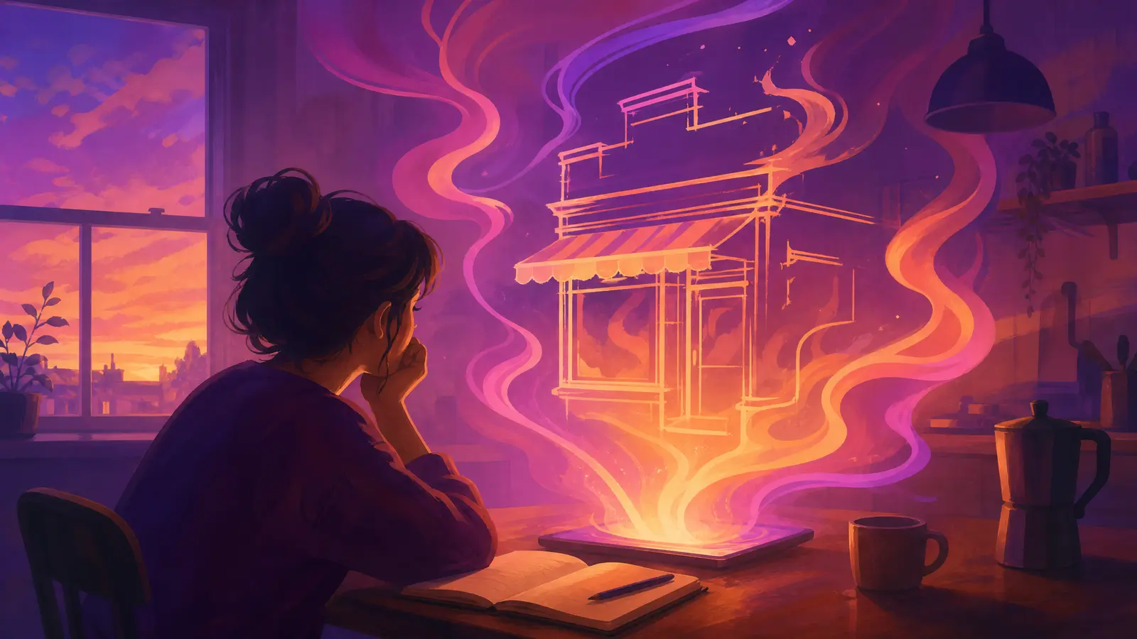 A person at a kitchen table at dusk with a notebook and a glowing screen, and rising from the screen a half-finished ink sketch of their own shopfront drawn in ribbons of gradient ink, some lines missing