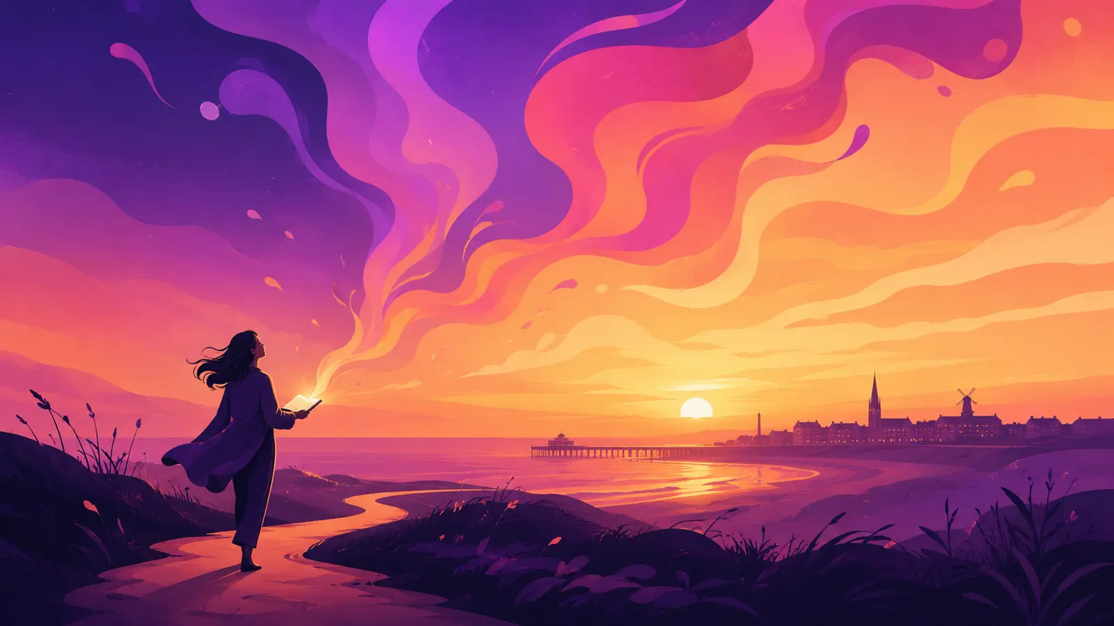 A lone figure on a Fylde Coast path at sunset, their written words lifting off the page as ribbons of gradient ink swirling into the sky, the Lytham skyline in silhouette on the horizon