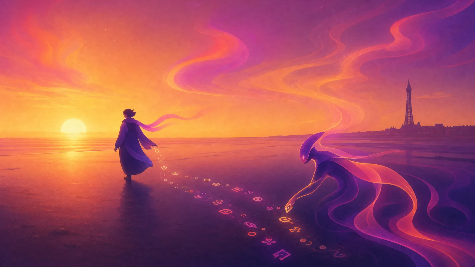 A stylised flat figure calmly laying down a trail of glowing ink marks across the ground rather than performing to a crowd, a sleek non-human form of ink reading the trail as it passes, the Blackpool Tower a small distant silhouette against a big sunset over the Irish Sea