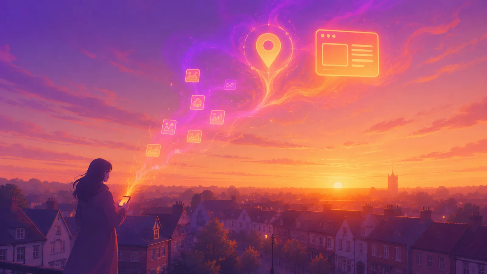 A figure looking out over an inland Fylde market town at golden hour, holding a phone as a stream of small glowing cards lifts from it on a ribbon of violet-to-amber ink and forks into a glowing map pin and a website window in the sky, a church tower in silhouette on the horizon