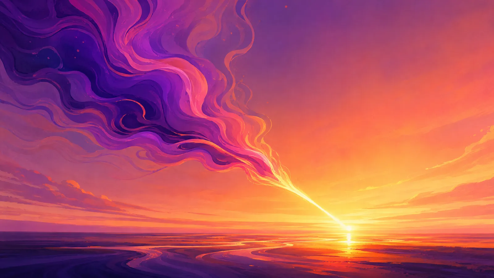 Layers of accumulated, densely coiled violet-to-amber ink funnelling and condensing down into a single swift bright bolt that resolves at once into a clean finished glowing form, speed shown as stored expertise released, over a low Fylde horizon at sunset