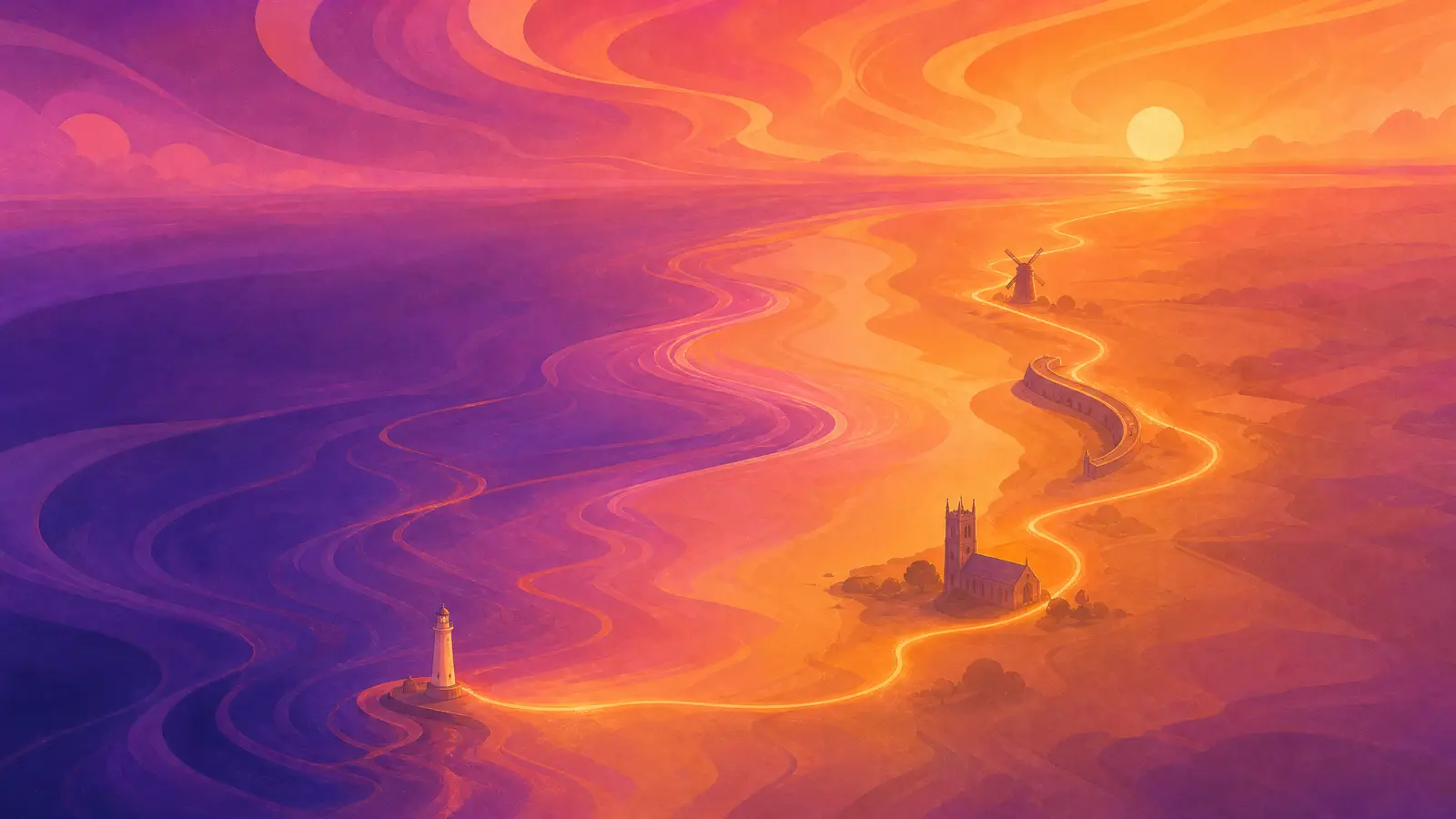 An illustrated sunset map of the Fylde coast from above, four towns marked by tiny faint ink marks of a lighthouse, a church tower, a sea wall and a windmill, joined by fine glowing lines of gradient ink