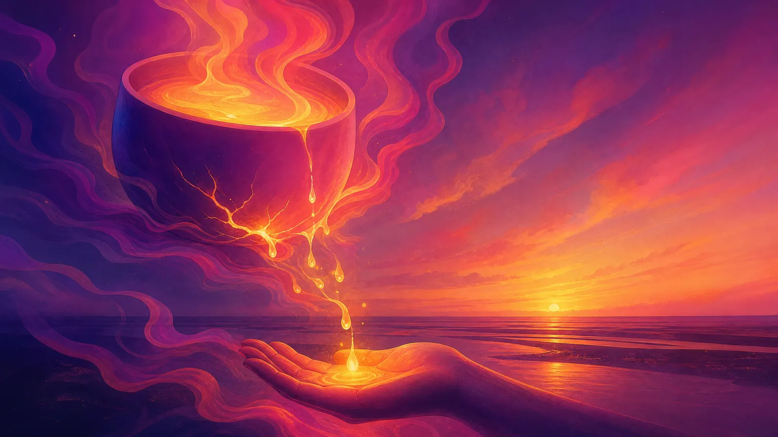 A glowing vessel brimming with warm violet-to-amber liquid ink, bright droplets leaking away through cracks near its base and dissolving into the dark, while one cupped hand beneath catches a single drop and holds it glowing, a low Fylde coastal horizon at dusk behind