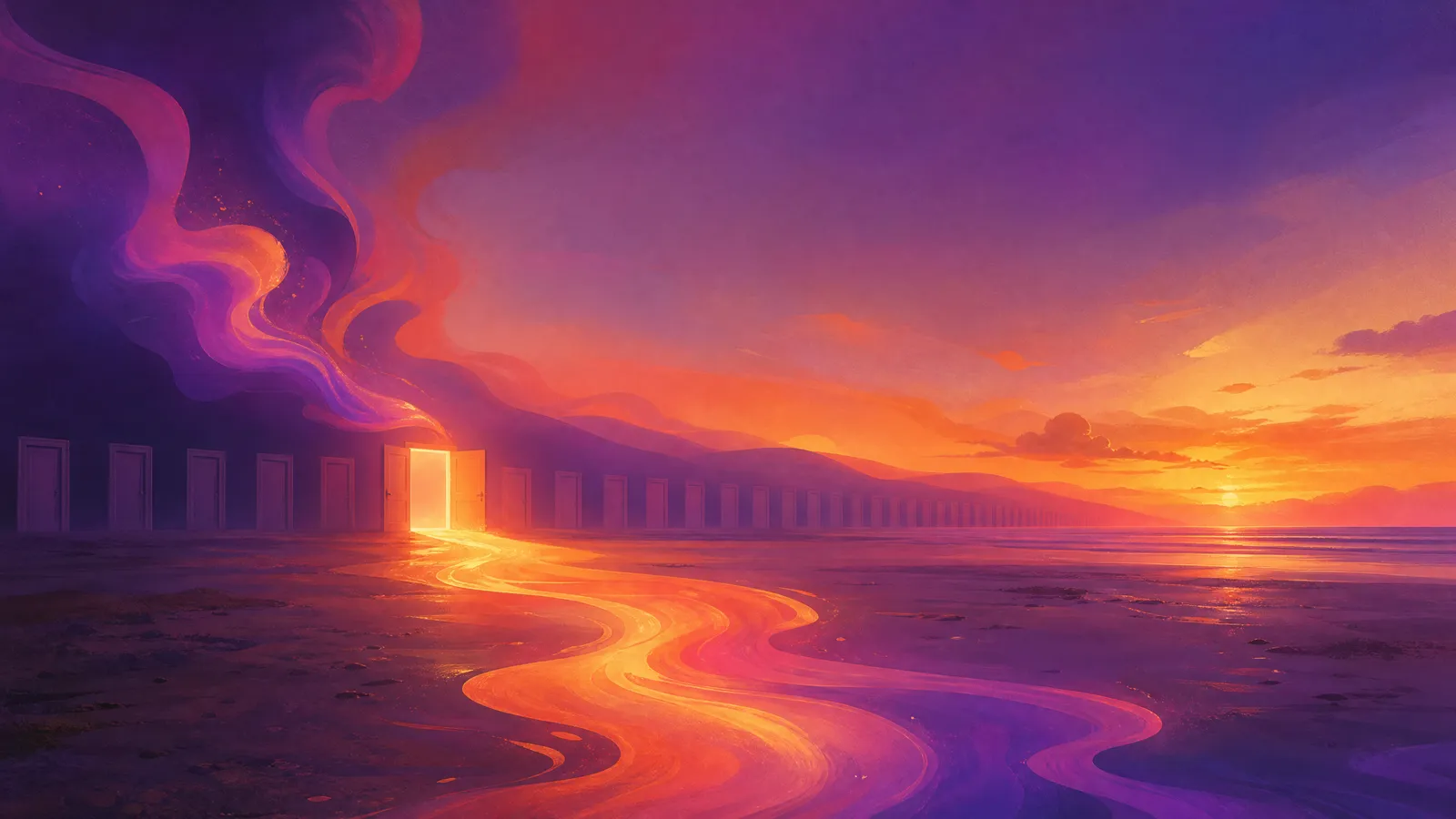 A wide Fylde coastline at dusk lined with many faint, closed, barely-visible doorways, and from a drifting ribbon of conversation-shaped violet-to-amber ink one doorway lighting up warm and open, a path revealed that nobody knew to look for, the sun low over the sea