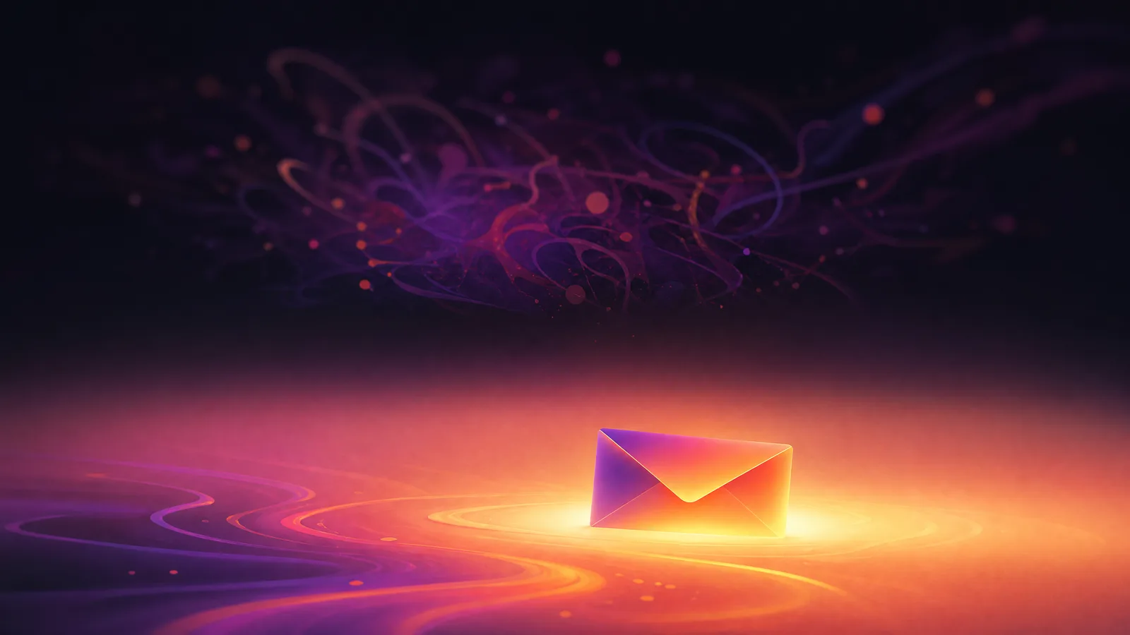 A single glowing envelope of gradient ink resting in a warm pool of light on an otherwise empty doormat, while far behind it a dim oversubscribed storm of digital ink-noise churns unnoticed, the quiet letterbox moment winning by emptiness, a low sunset glow along the bottom