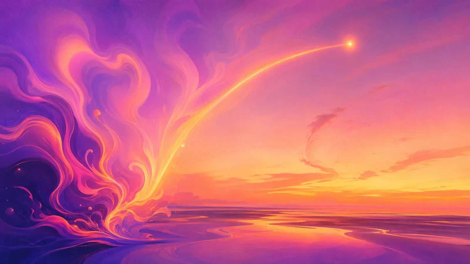 A single elegant, beautifully composed glowing form of violet-to-amber ink, from which one clear bright beacon of light rises and points unmistakably to a small glowing marker, the two halves of a rule held as one composition, over a low Fylde coastal horizon at sunset
