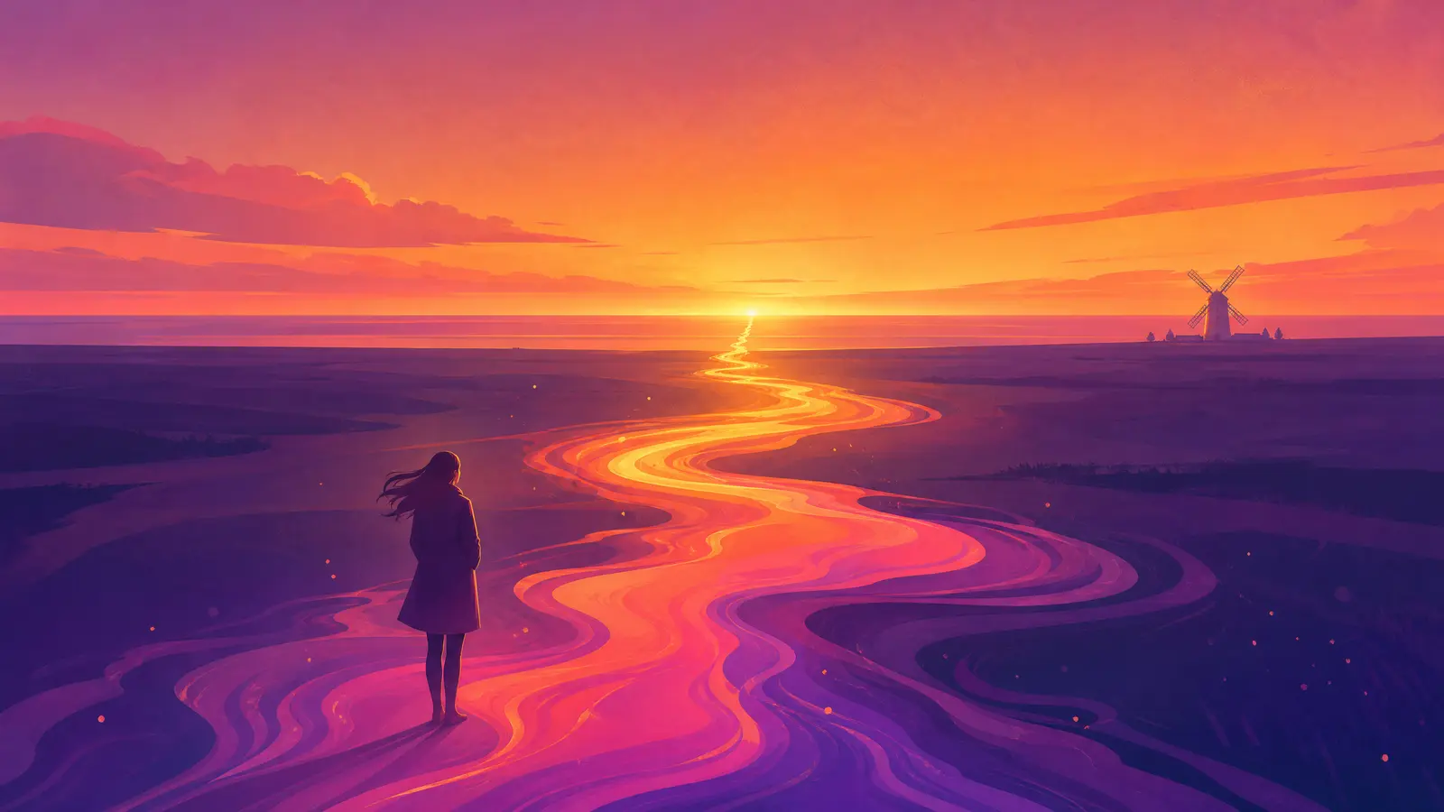 A figure on Lytham Green at golden hour at the near end of a path of glowing gradient ink that begins at a lit point on the horizon, the windmill a small distant silhouette