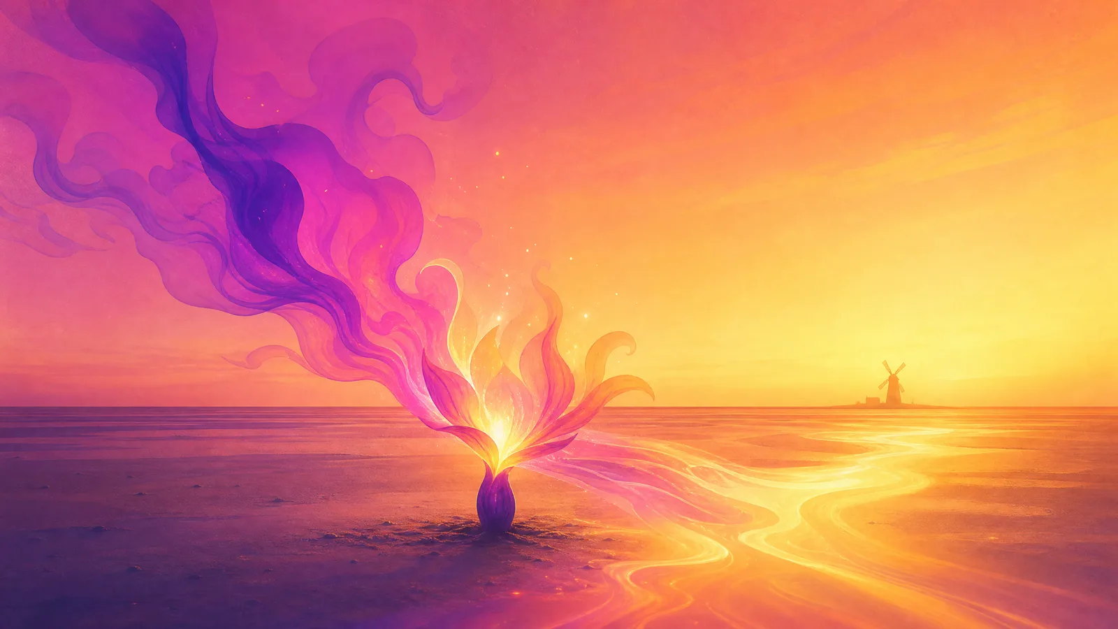 A single glowing seed of gradient ink planted early on wide sand, opening into a bright full bloom of ink in perfect time with an incoming tide of light reaching it, the Marsh Mill windmill of Thornton a small distant silhouette on the horizon at golden hour