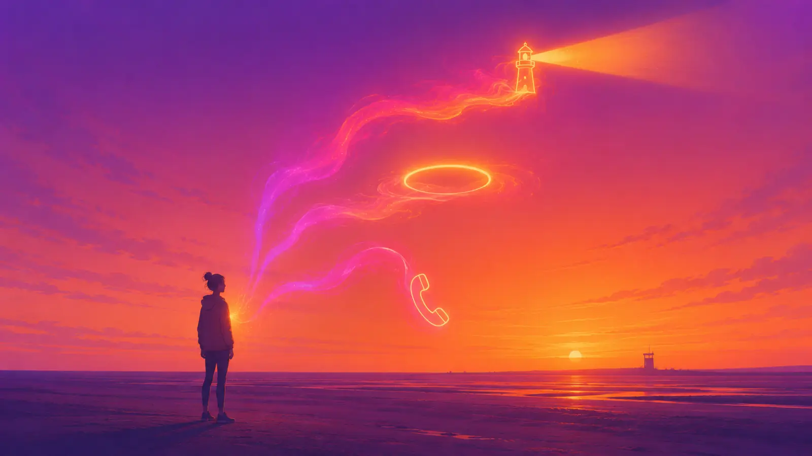 A hooded figure stands on wide flat Fylde sand at dusk, three ribbons of glowing violet-to-amber ink rising from them - one sweeping up to a glowing lighthouse casting its beam, one curling into a bright halo, one forming a telephone handset - a huge sunset over the Irish Sea behind and a distant lighthouse silhouette on the horizon