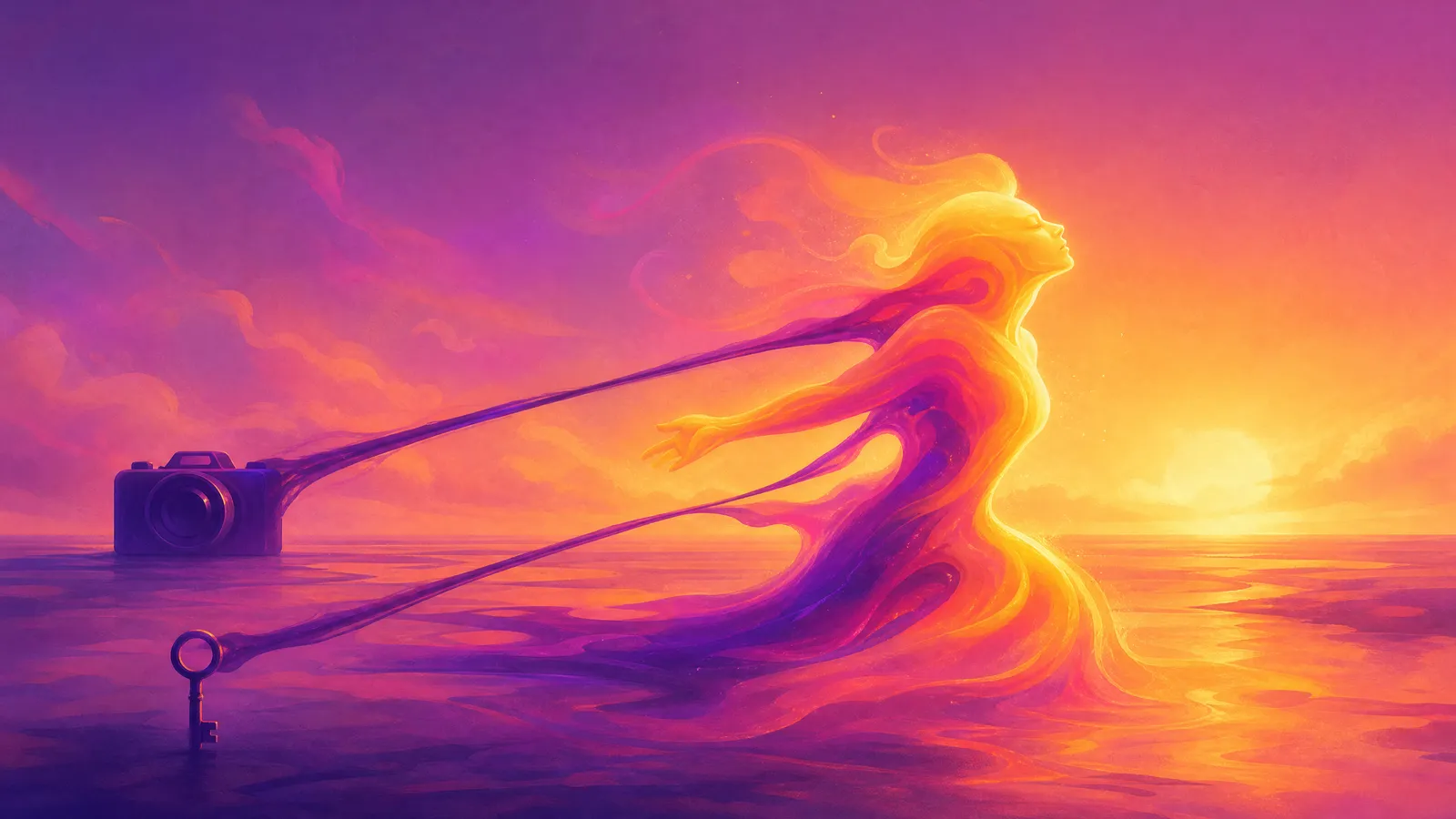A bright finished glowing form of violet-to-amber ink straining to move forward but held back by two ink tethers anchored to a simple camera shape and a small key, the two hold-ups made visible, over a low Fylde horizon at sunset