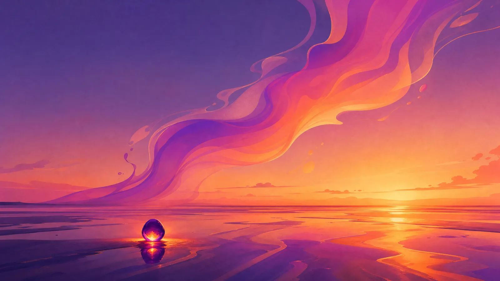 A grand, hollow, ever-climbing curve of translucent violet-to-amber ink sweeping impressively upward but empty, while below it a single small dense solid droplet of ink glows with real weight and casts the only true reflection on the wet sand, a low Fylde coastal horizon at dusk